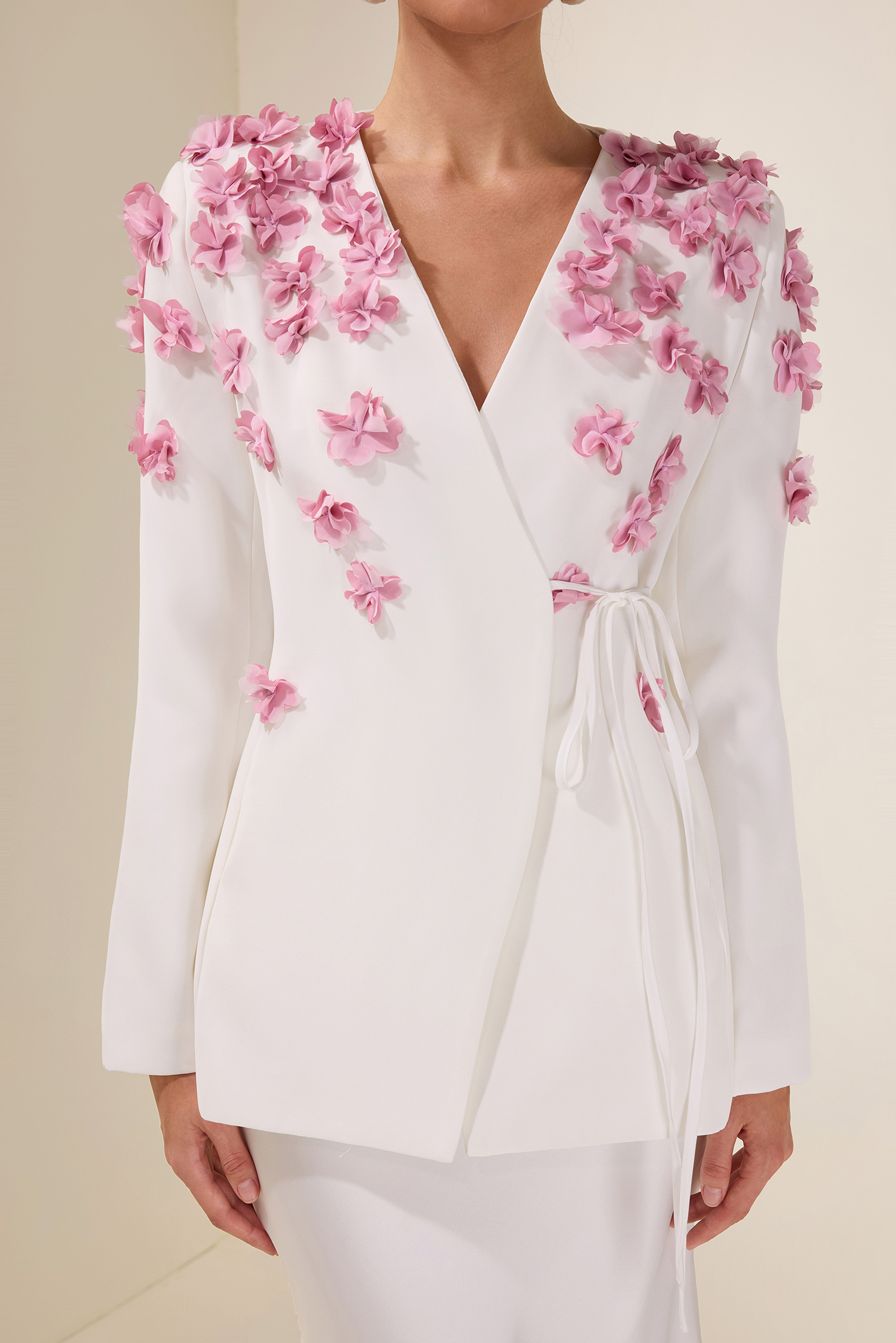 3D Flower Lace-Up Long Sleeve Coat