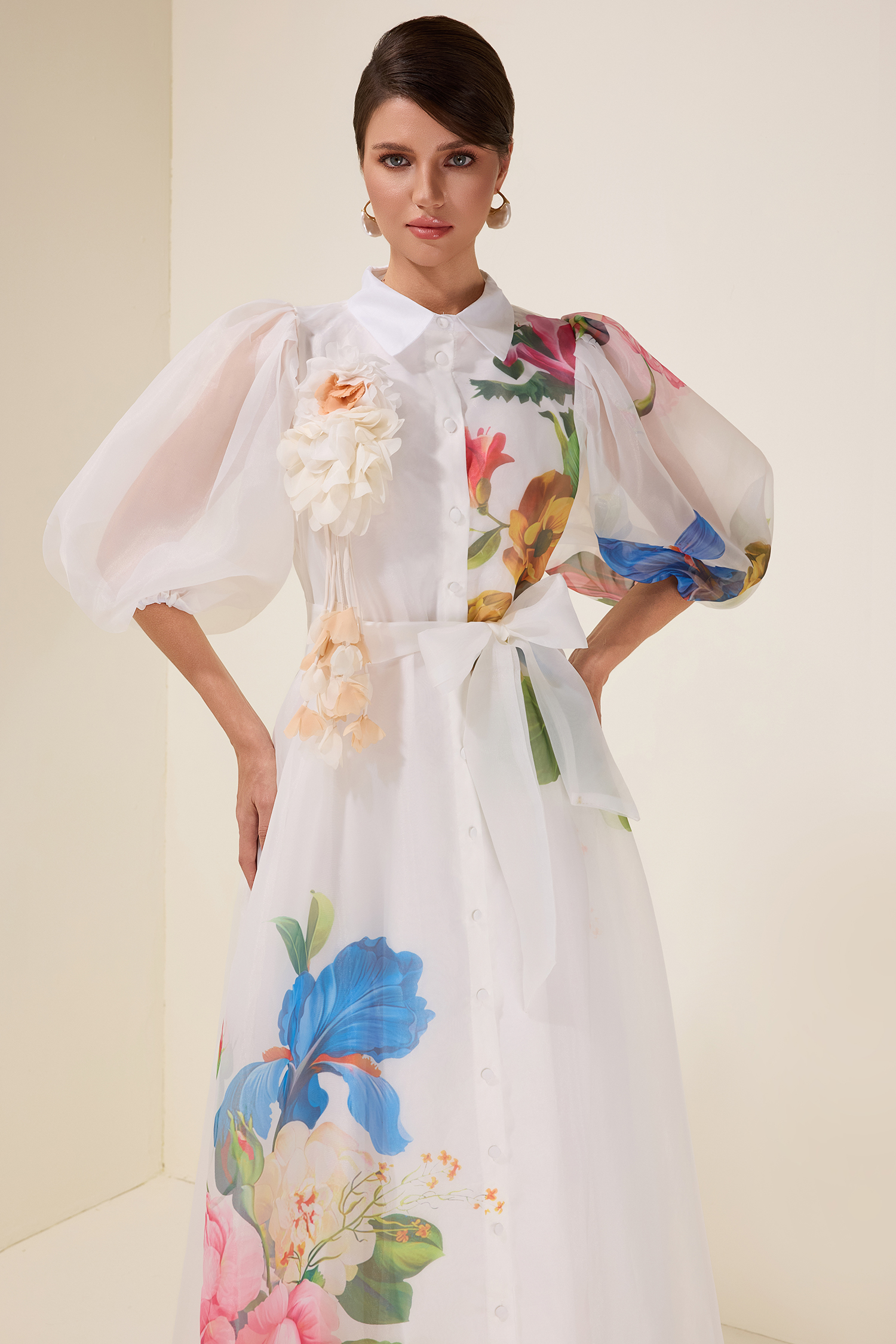 3D Flower Puff Sleeve Single Breasted Midi Dress