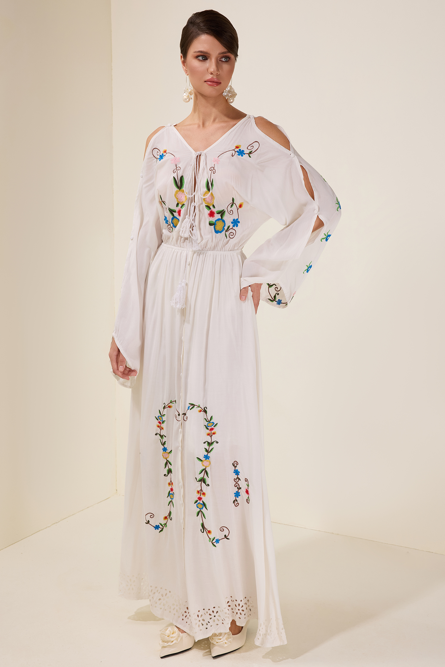 Embroidered Floral Tie-Up Midi Dress