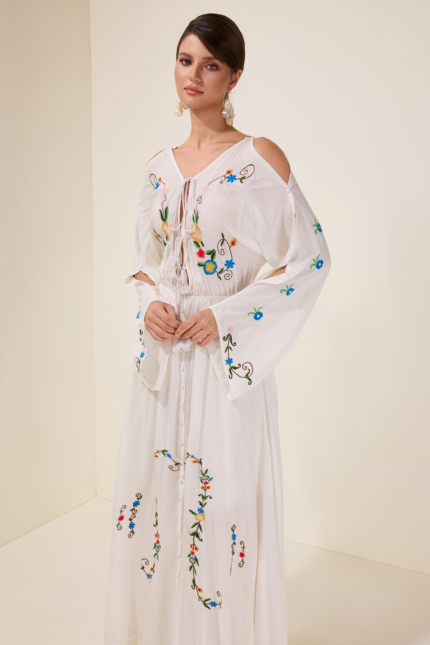 Embroidered Floral Tie-Up Midi Dress