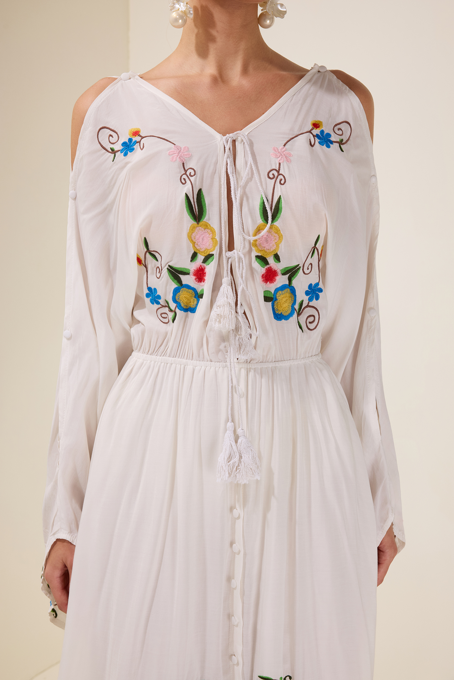 Embroidered Floral Tie-Up Midi Dress