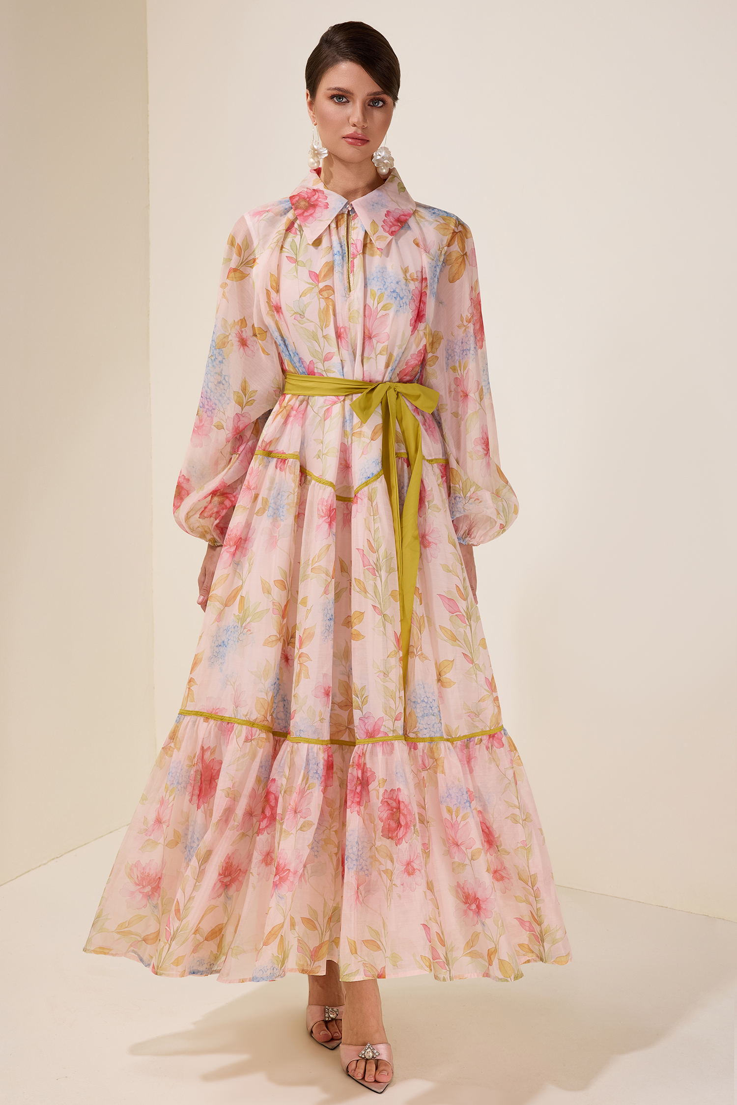 Floral Flapped Lantern Sleeve Midi Dress