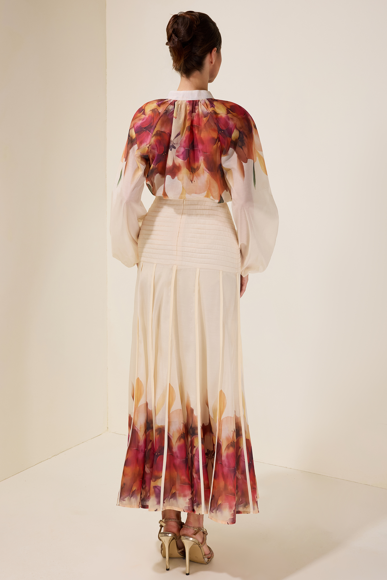 Floral Lace-Up Top & Pleated High Waist Midi Skirt Set