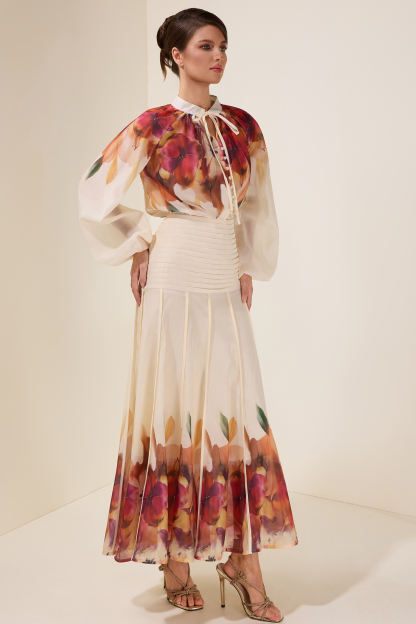 Floral Lace-Up Top & Pleated High Waist Midi Skirt Set