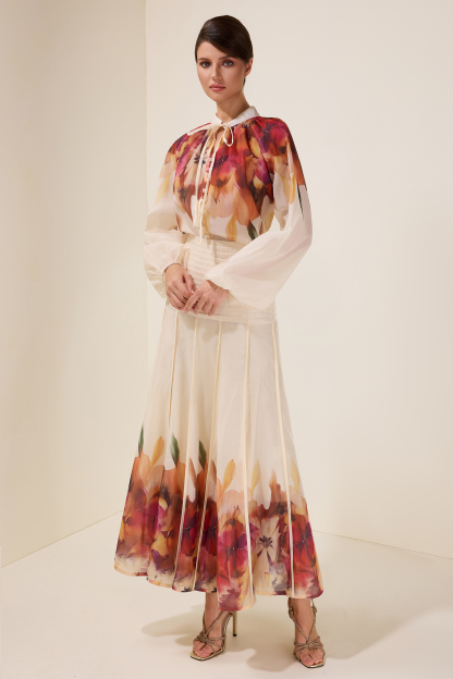 Floral Lace-Up Top & Pleated High Waist Midi Skirt Set