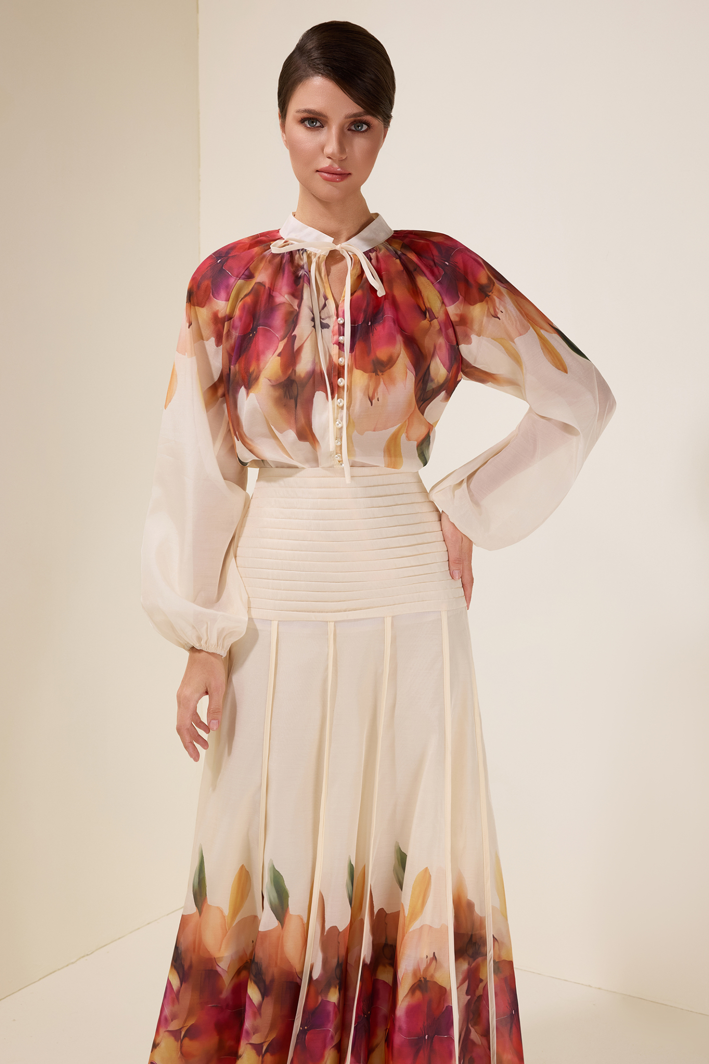 Floral Lace-Up Top & Pleated Midi Skirt Set