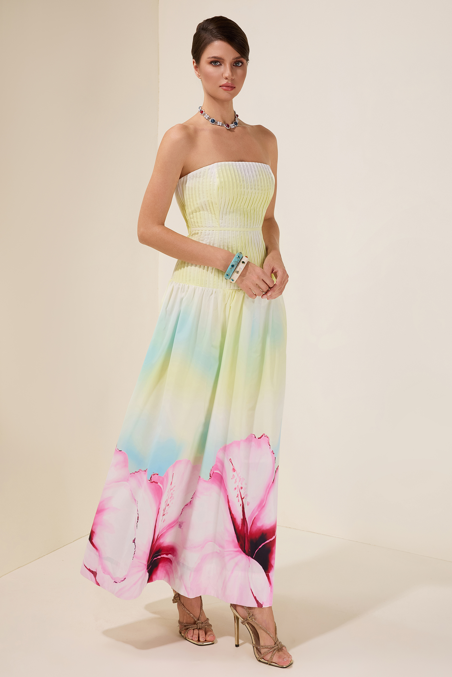Floral Pleated Off-Shoulder Maxi Dress