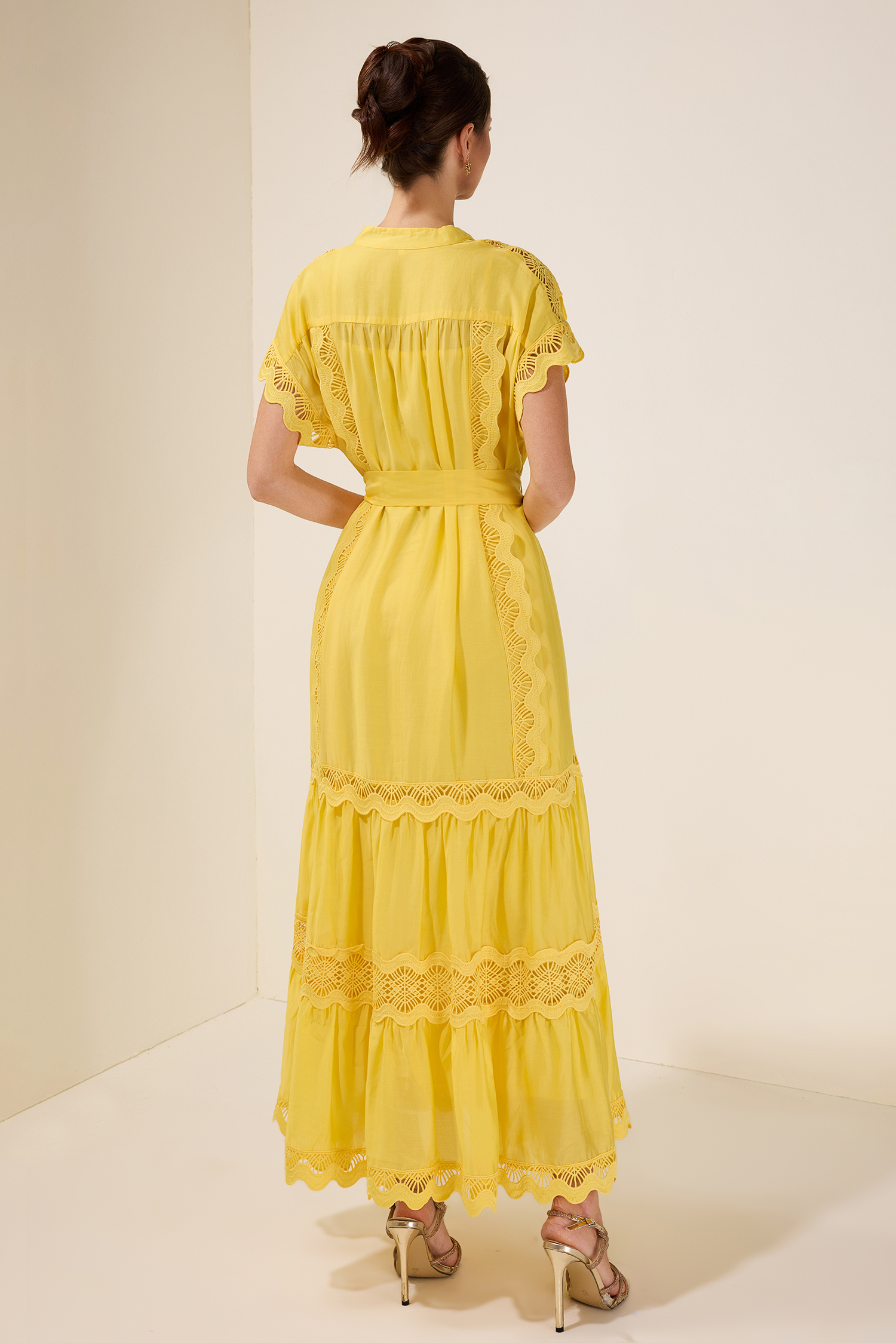 Lace Splicing Single Breasted Midi Dress With Belt