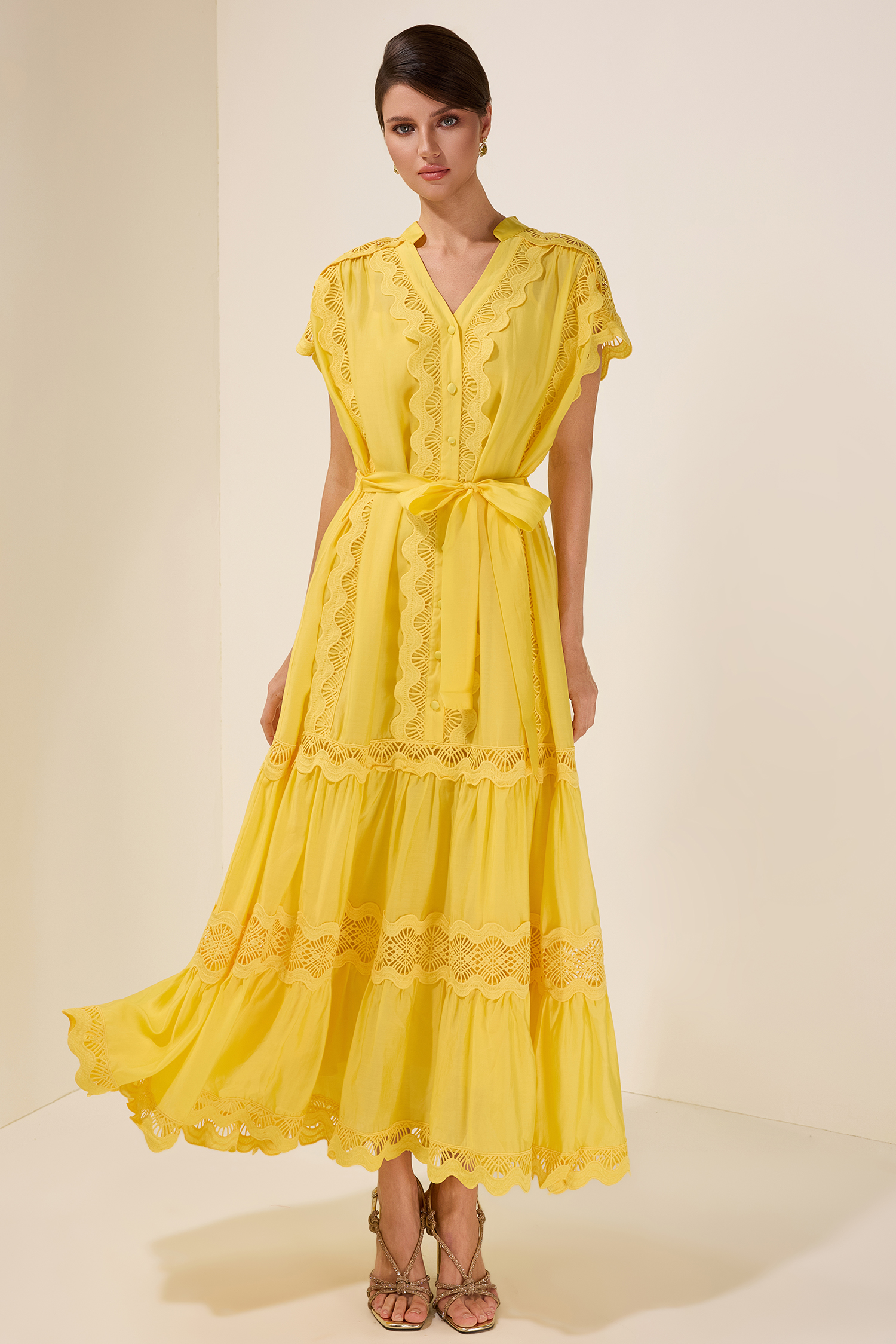 Lace Splicing Single Breasted Midi Dress With Belt