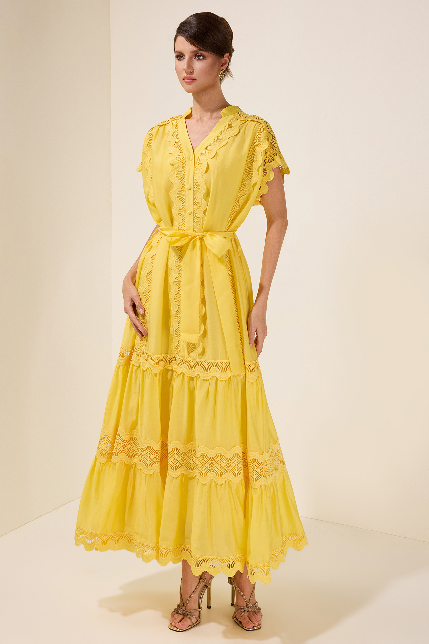 Lace Splicing Single Breasted Midi Dress With Belt