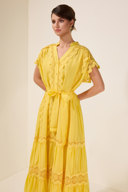 Lace Splicing Single Breasted Midi Dress With Belt