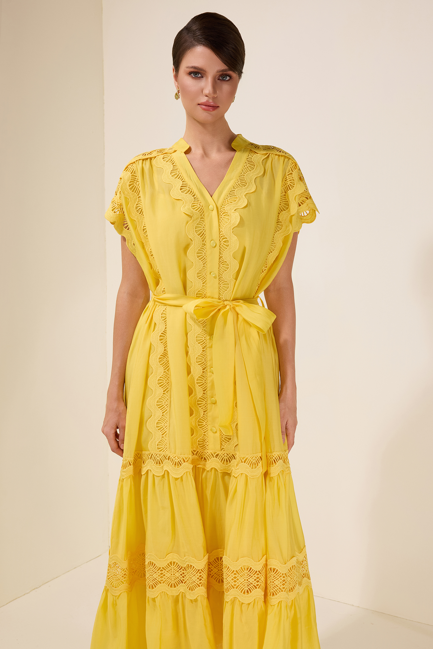 Lace Splicing Single Breasted Midi Dress With Belt