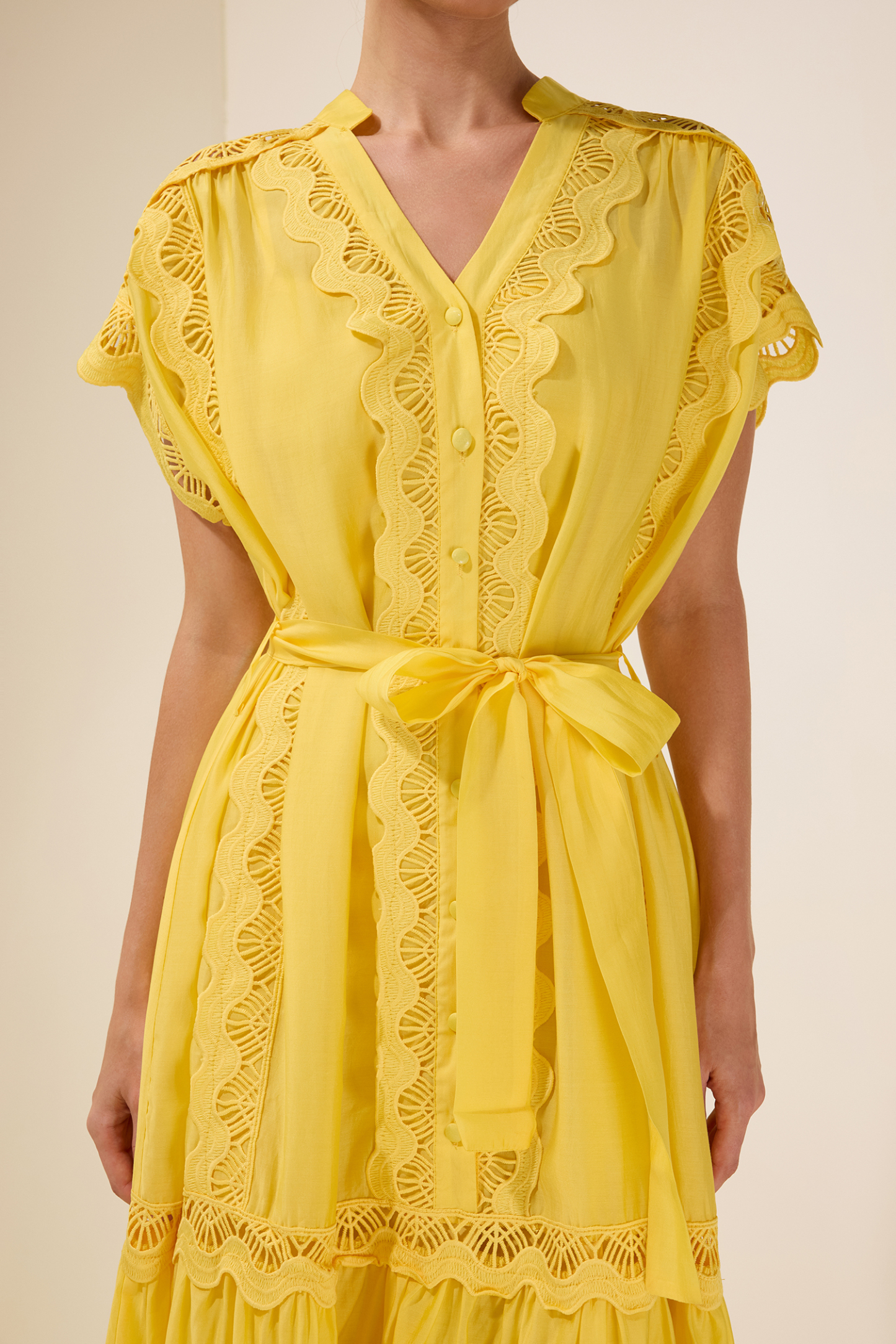 Lace Splicing Single Breasted Midi Dress With Belt