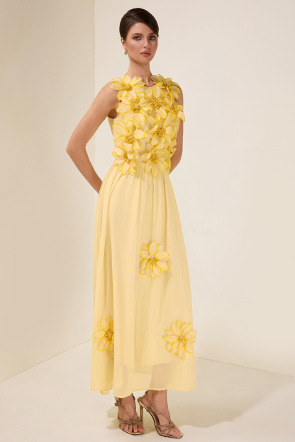 3D Flower Chiffon Sleeveless Midi Dress
