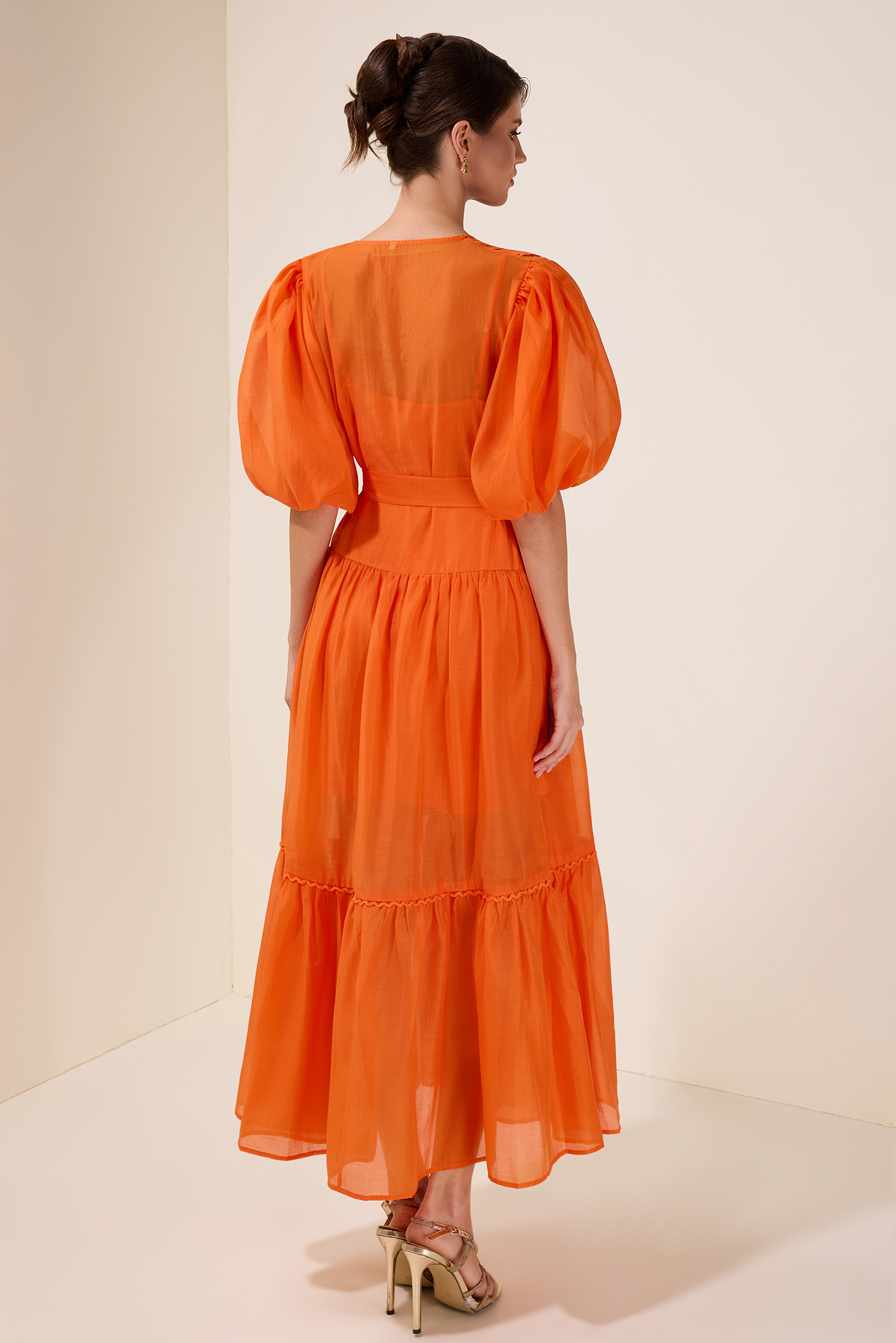 Solid Puff Sleeve Single Breasted Midi Dress With Belt