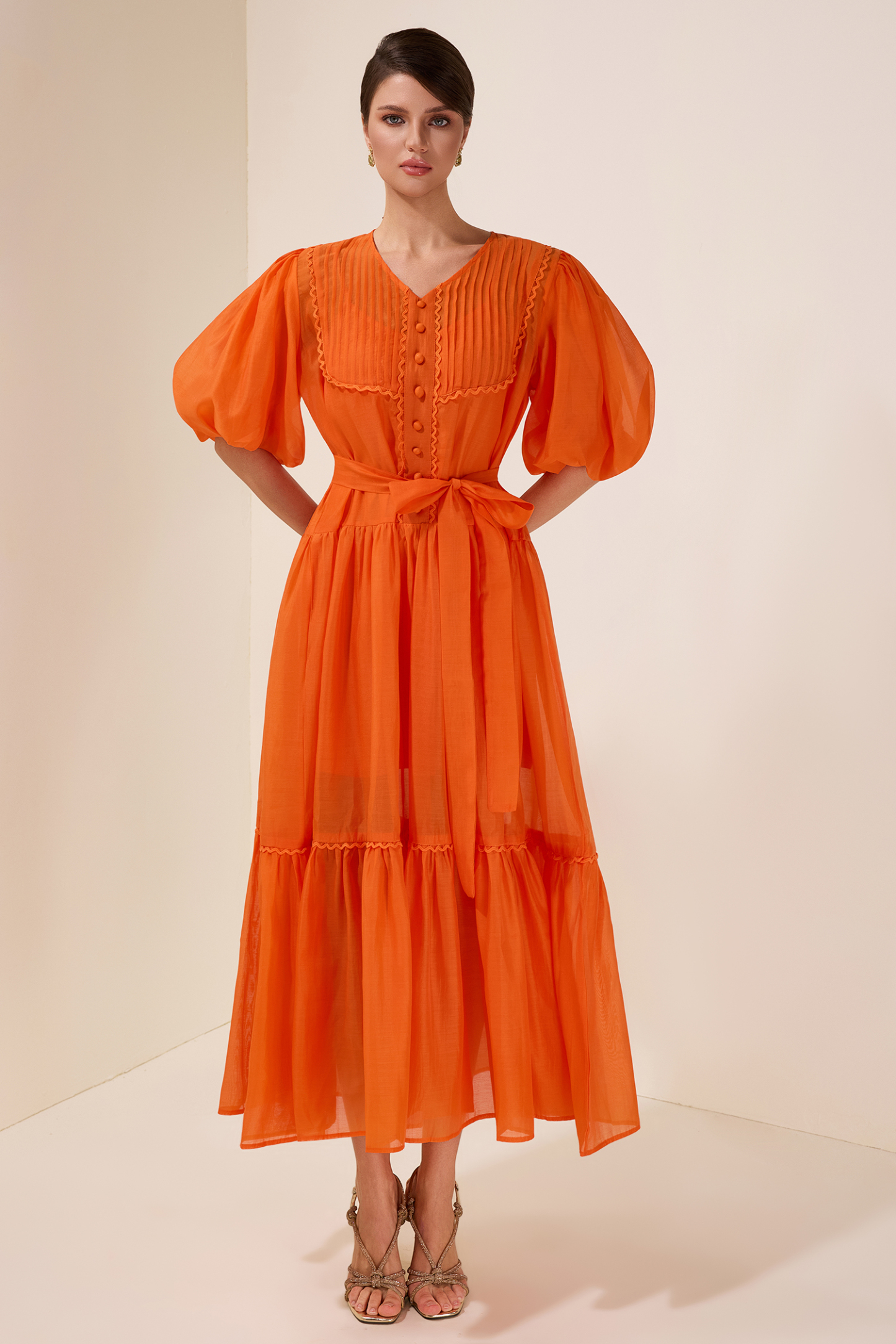 Solid Puff Sleeve Single Breasted Midi Dress With Belt