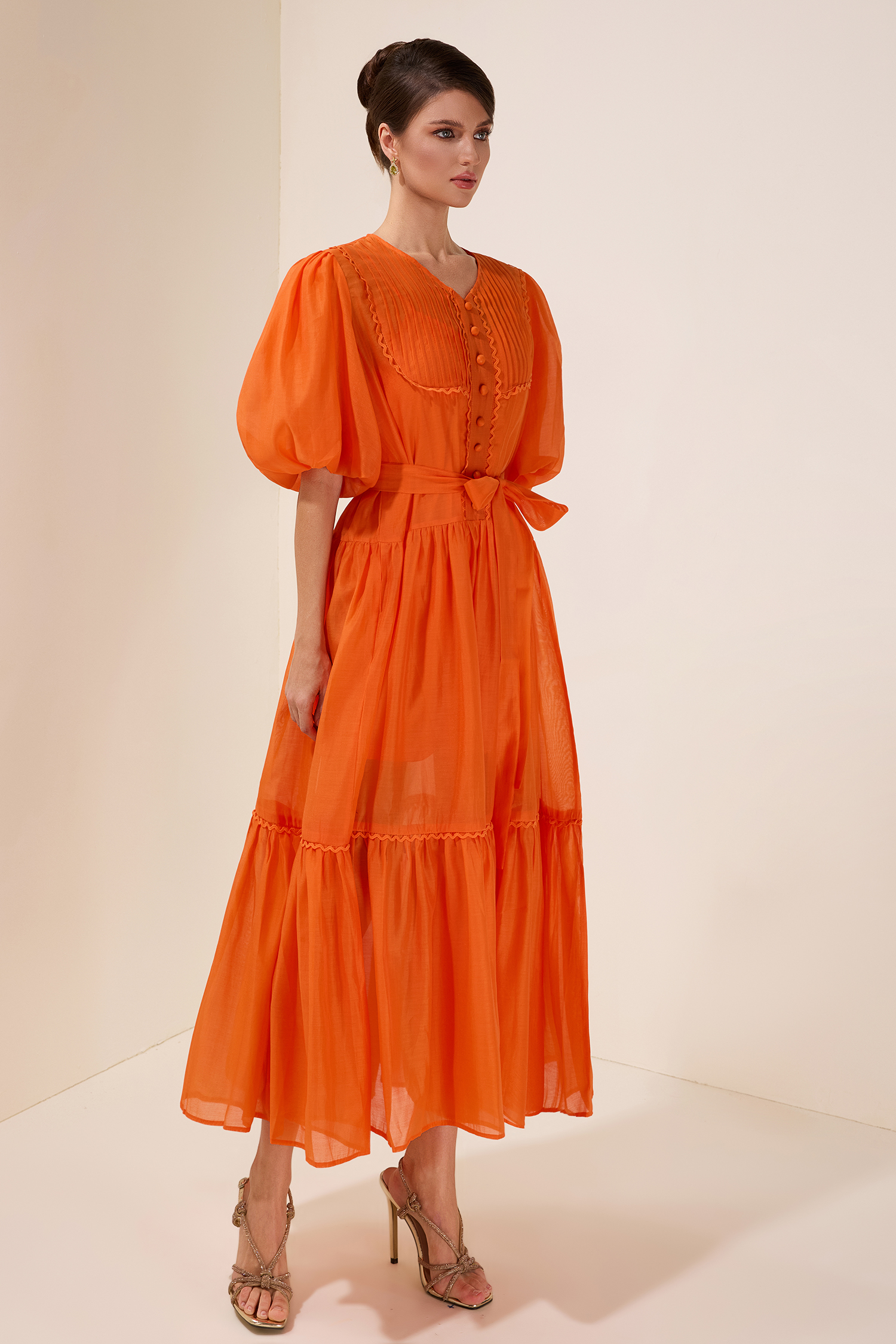 Solid Puff Sleeve Single Breasted Midi Dress With Belt