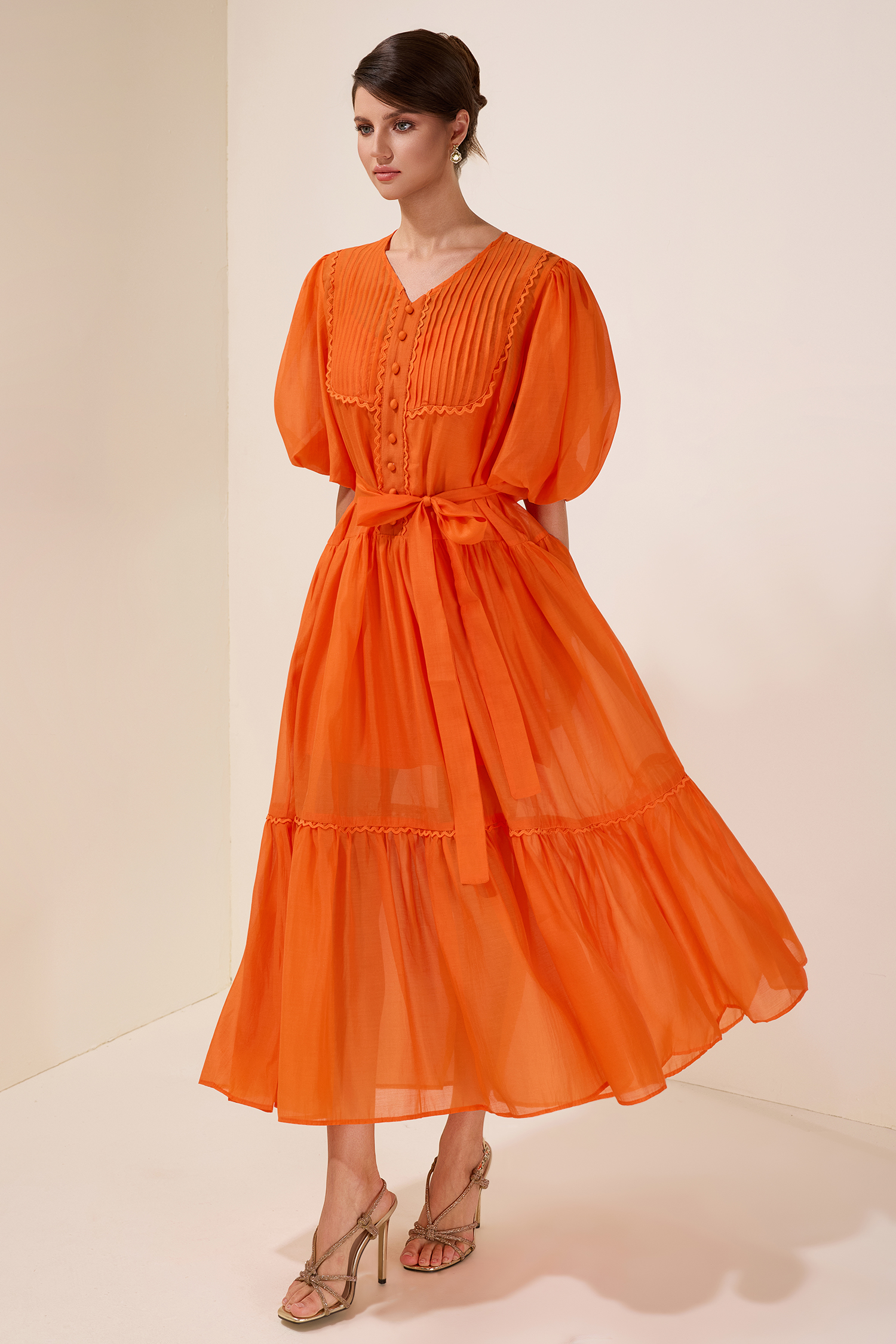 Solid Puff Sleeve Single Breasted Midi Dress With Belt