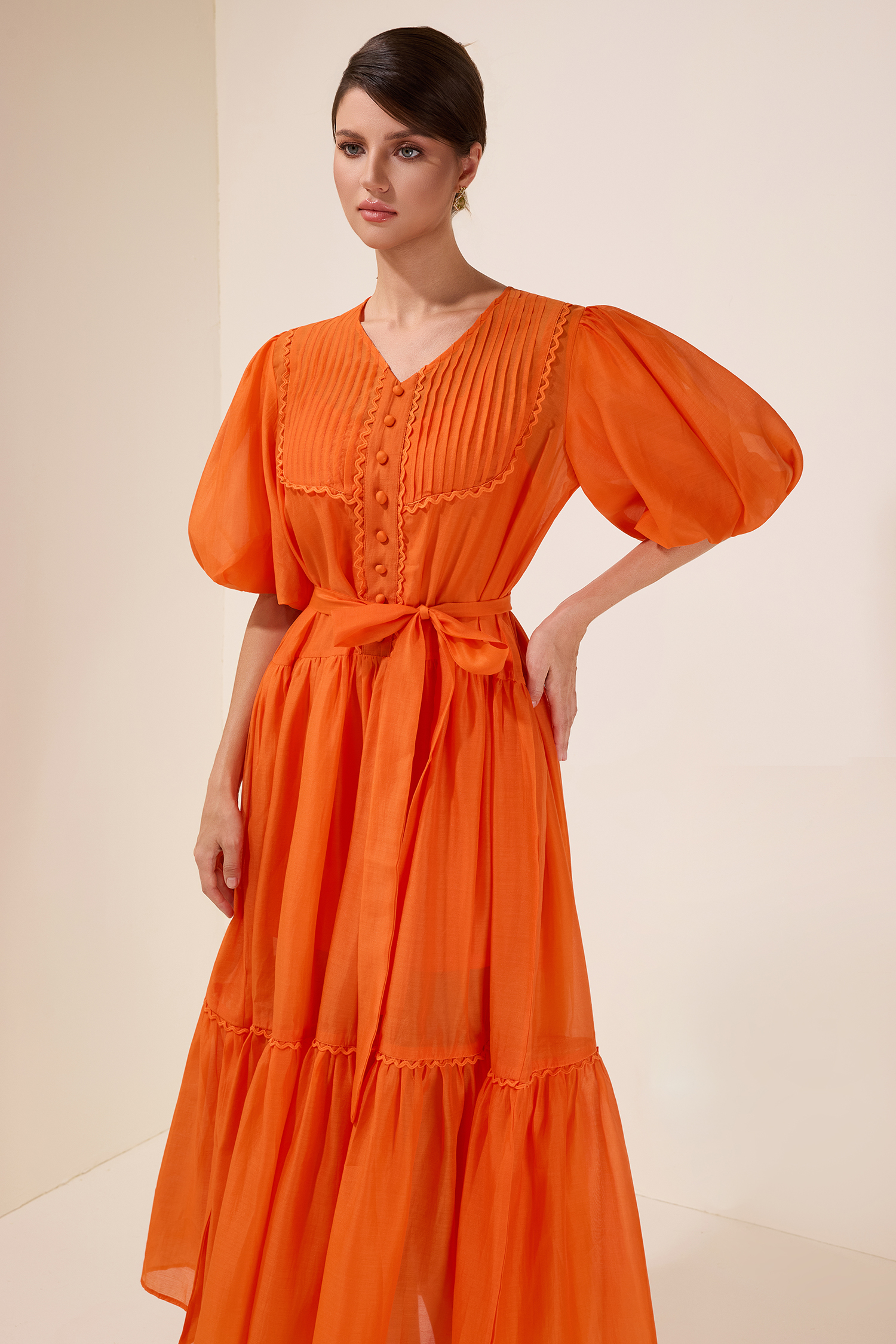 Solid Puff Sleeve Single Breasted Midi Dress With Belt