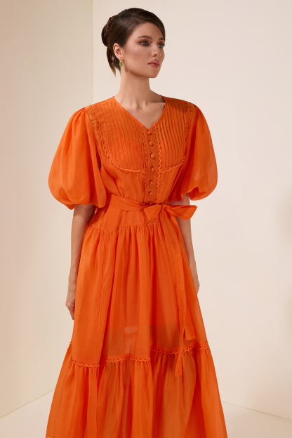 Solid Puff Sleeve Single Breasted Midi Dress With Belt