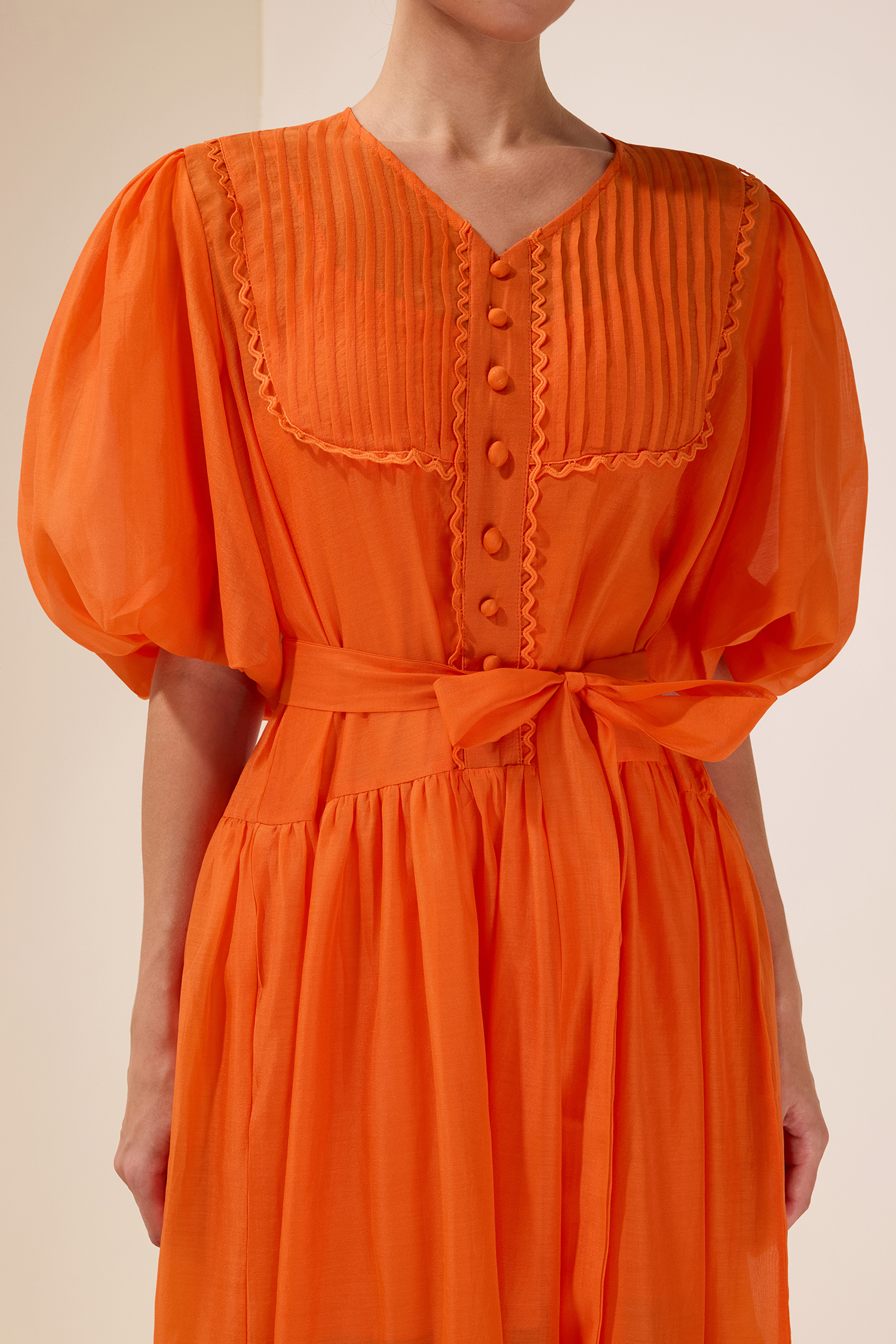 Solid Puff Sleeve Single Breasted Midi Dress With Belt