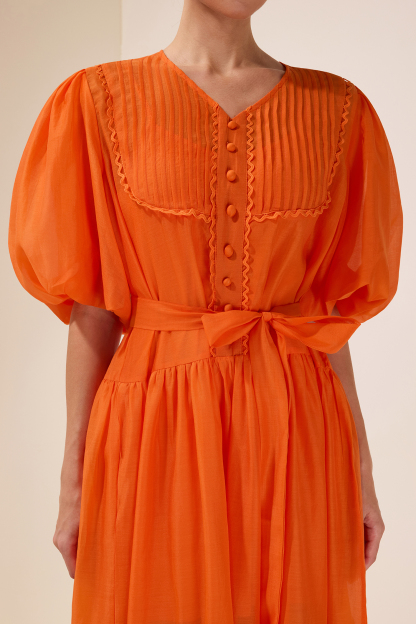 Solid Puff Sleeve Single Breasted Midi Dress With Belt