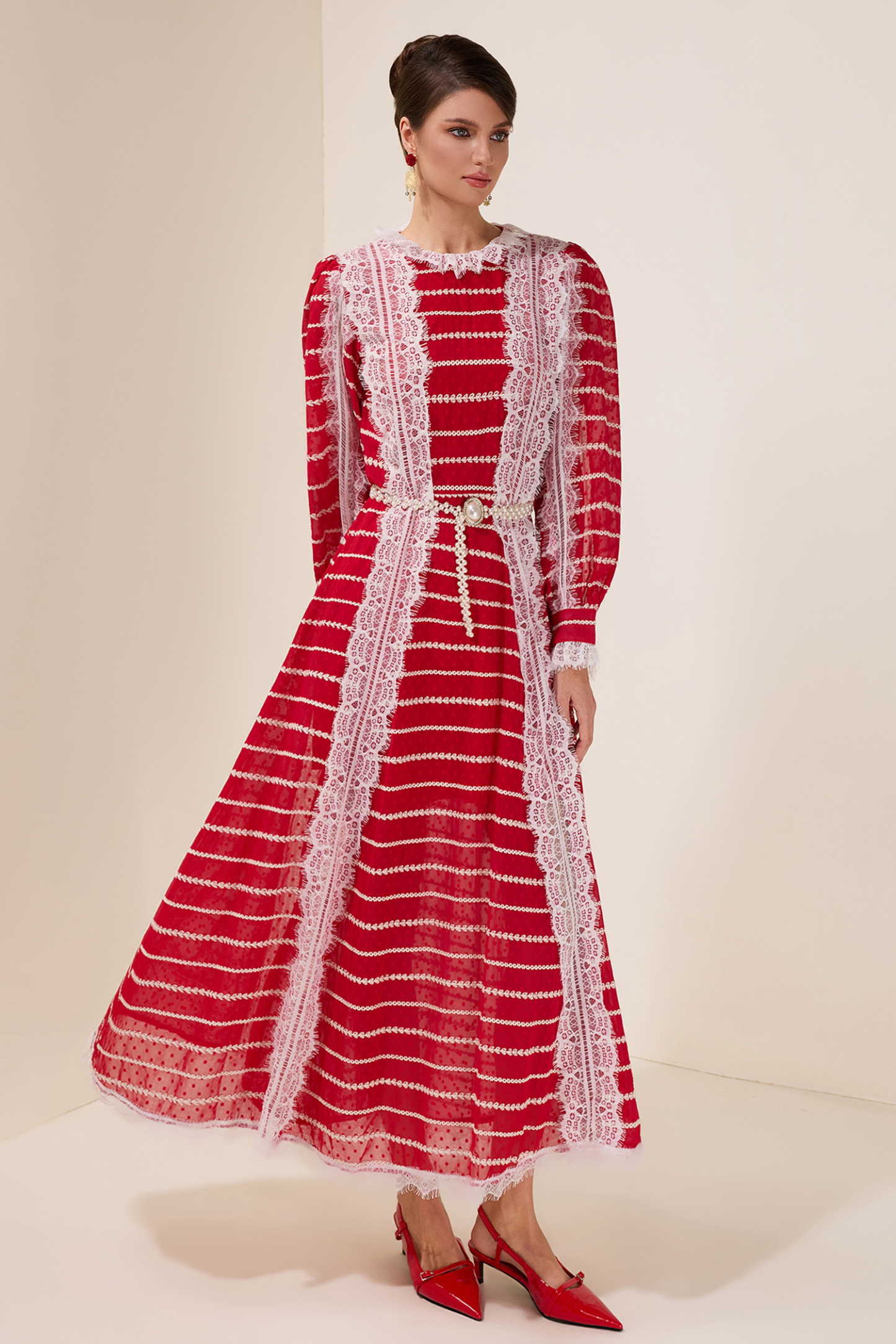 Lace Splicing Embroidered Long Sleeve Maxi Dress With Belt