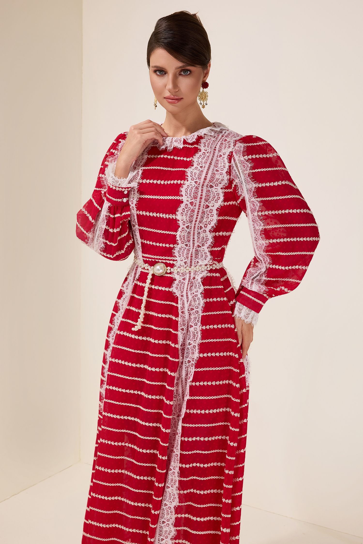 Lace Splicing Embroidered Long Sleeve Maxi Dress With Belt