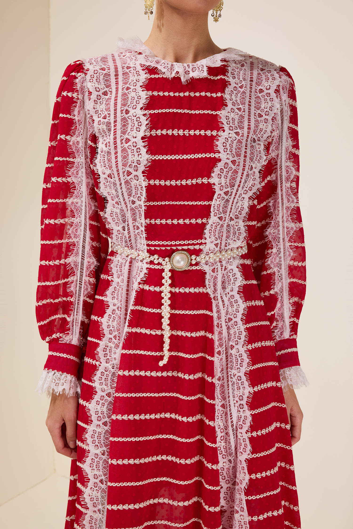 Lace Splicing Embroidered Long Sleeve Maxi Dress With Belt