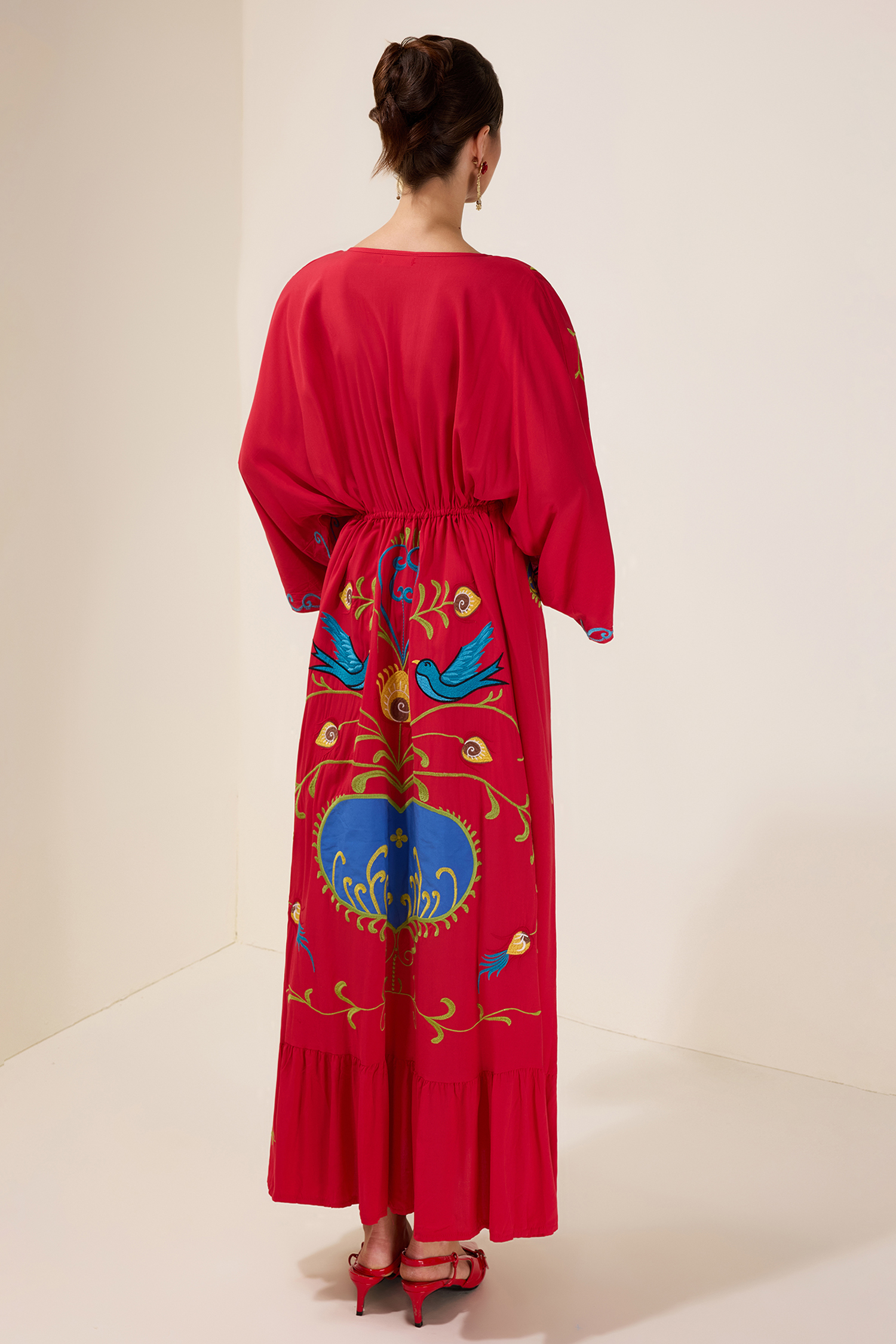 Embroidered V-Neck Single Breasted Maxi Dress With Belt