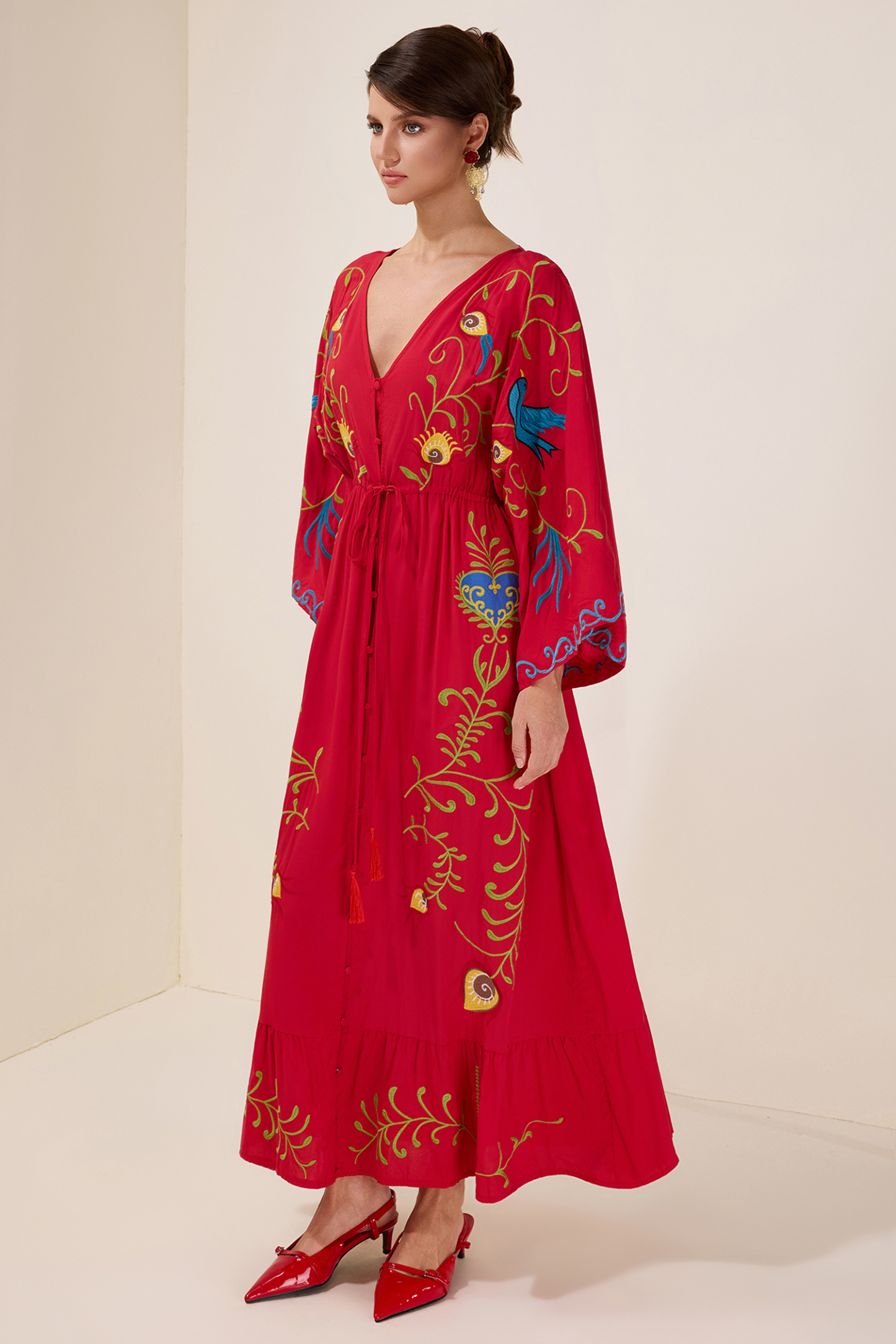 Embroidered V-Neck Single Breasted Maxi Dress With Belt