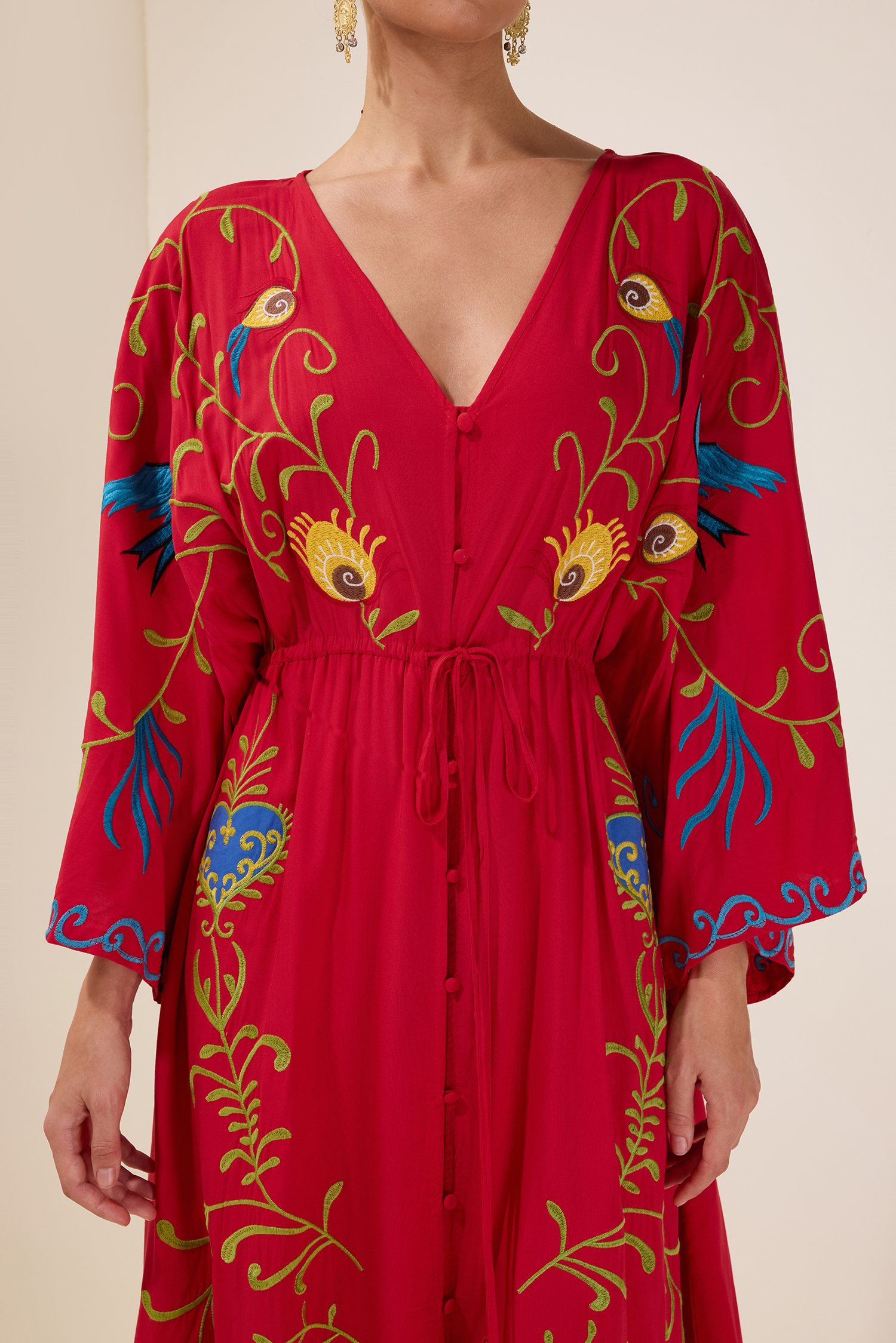 Embroidered V-Neck Single Breasted Maxi Dress With Belt