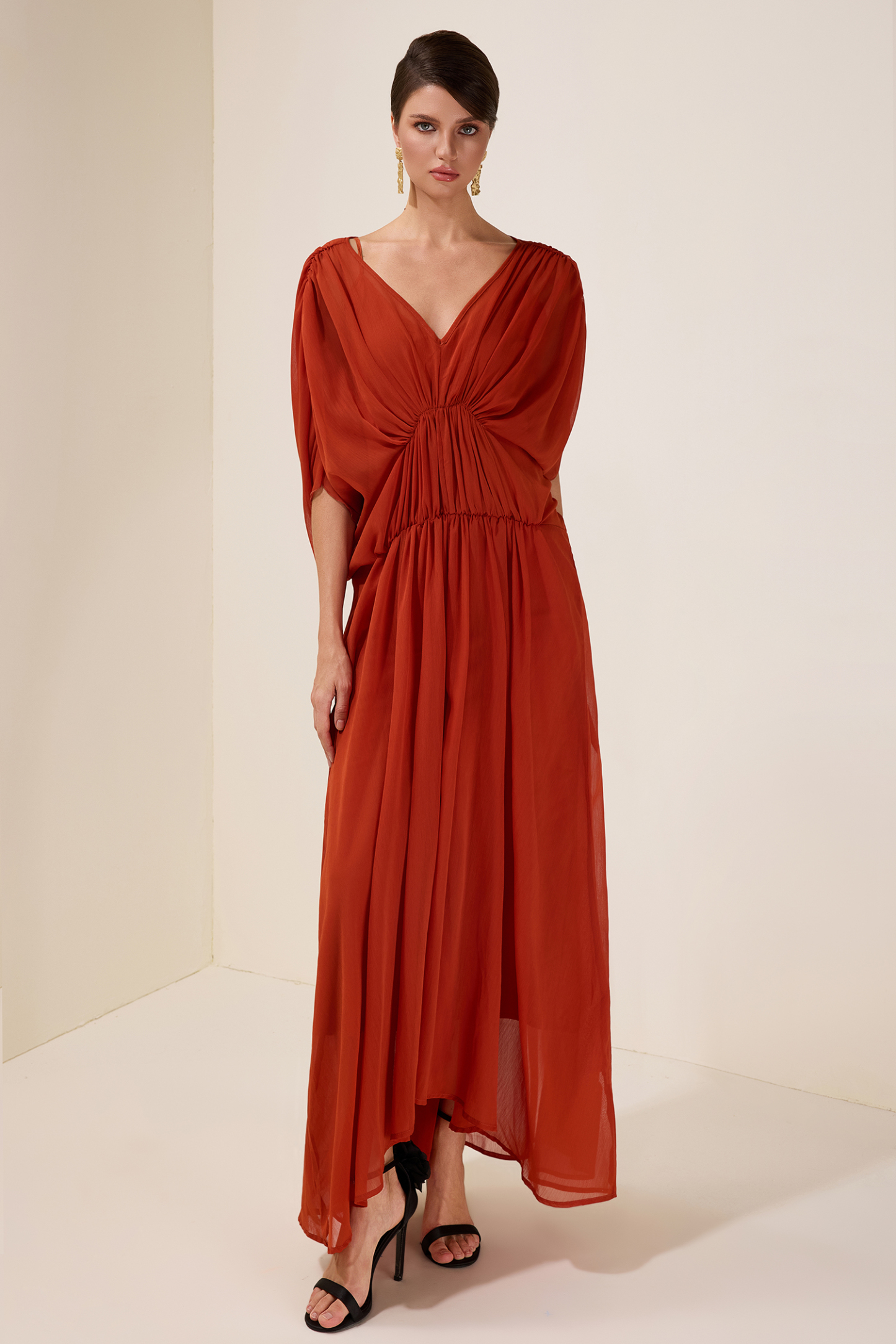 Solid Pleated Batwing Sleeve Slit Midi Dress