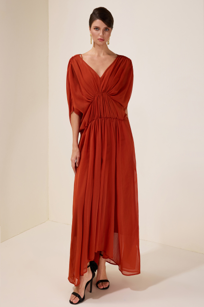 Solid Pleated Batwing Sleeve Slit Midi Dress
