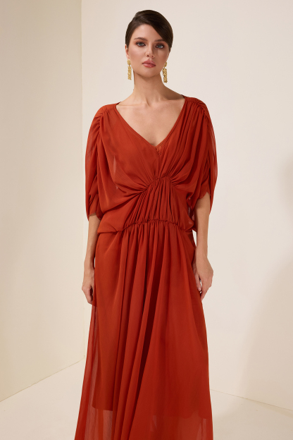 Solid Pleated Batwing Sleeve Slit Midi Dress