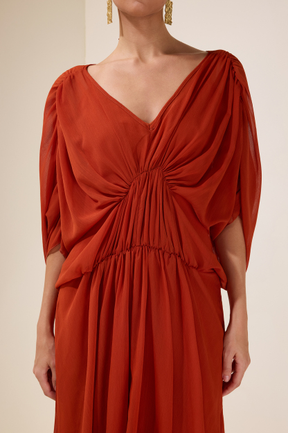 Solid Pleated Batwing Sleeve Slit Midi Dress