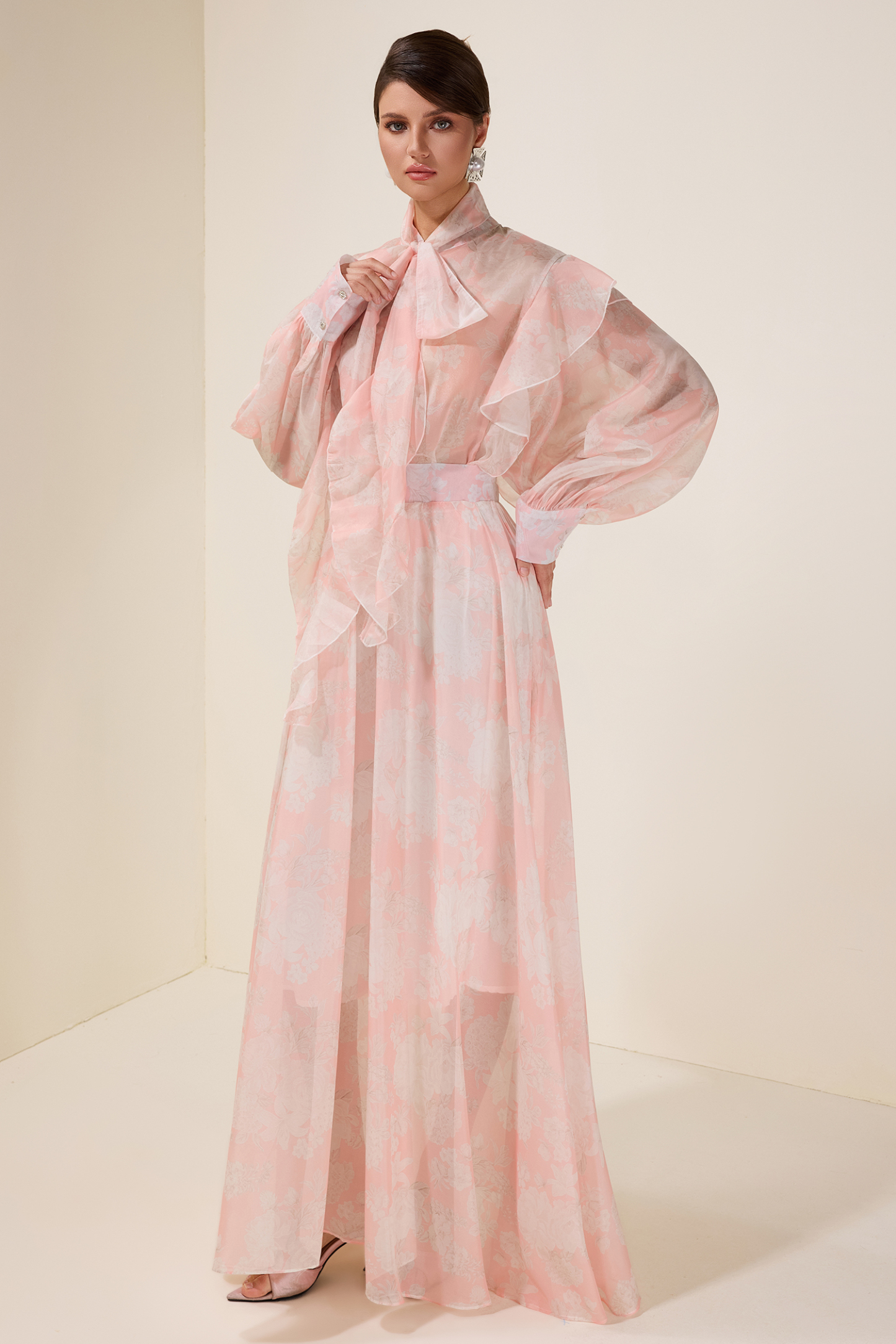 Floral Ruffle Tie-Up Top & High Waist Midi Skirt Set