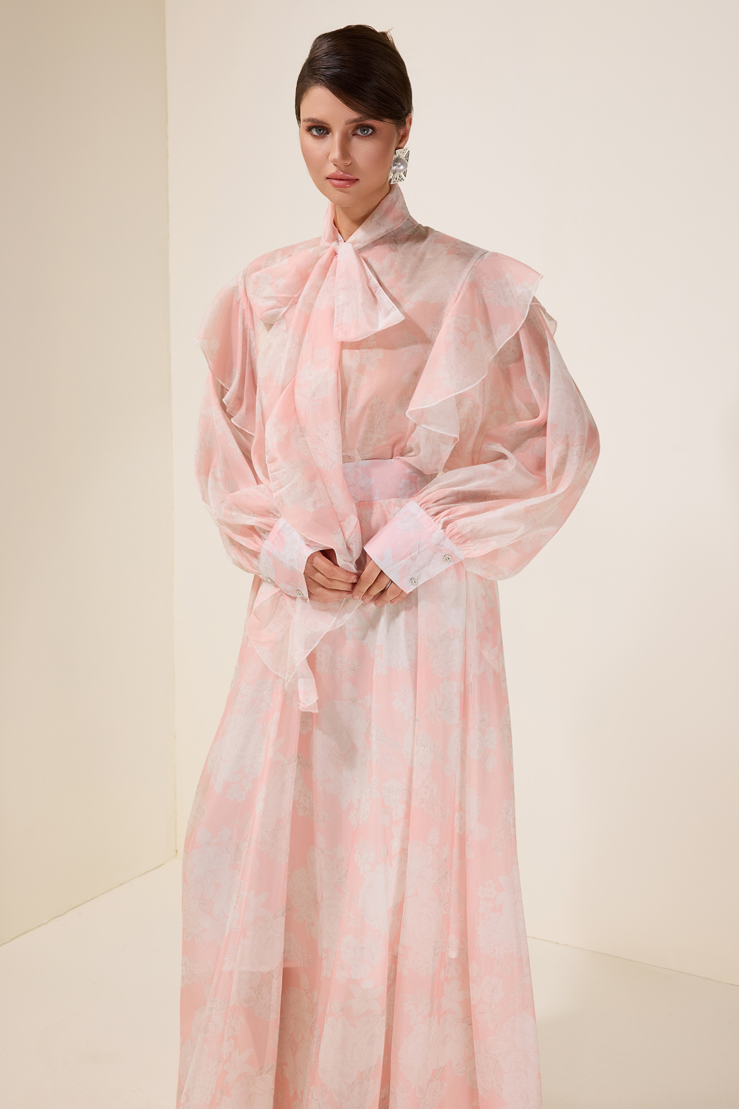 Floral Ruffle Tie-Up Top & High Waist Midi Skirt Set