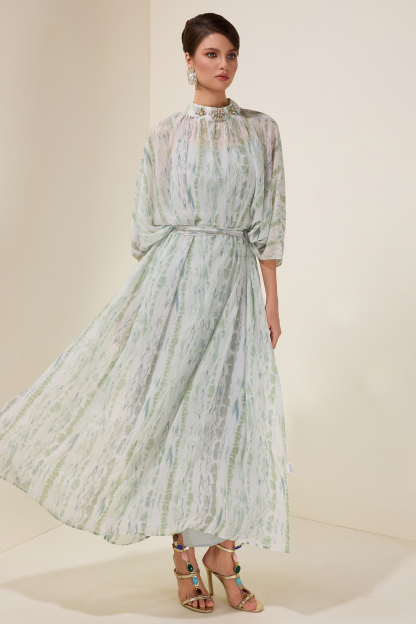 Rhinestone Batwing Sleeve Maxi Dress With Belt