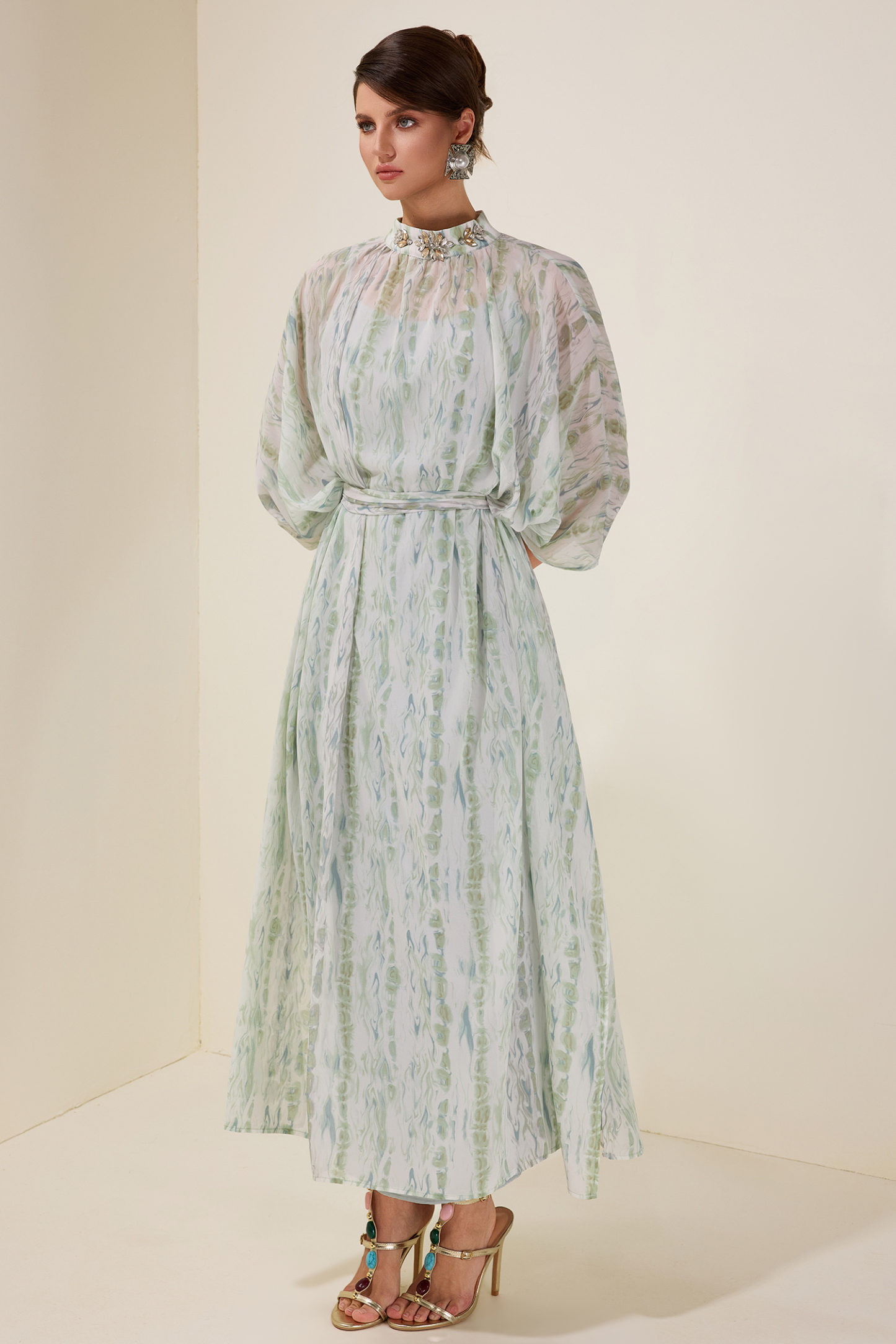 Rhinestone Batwing Sleeve Maxi Dress With Belt