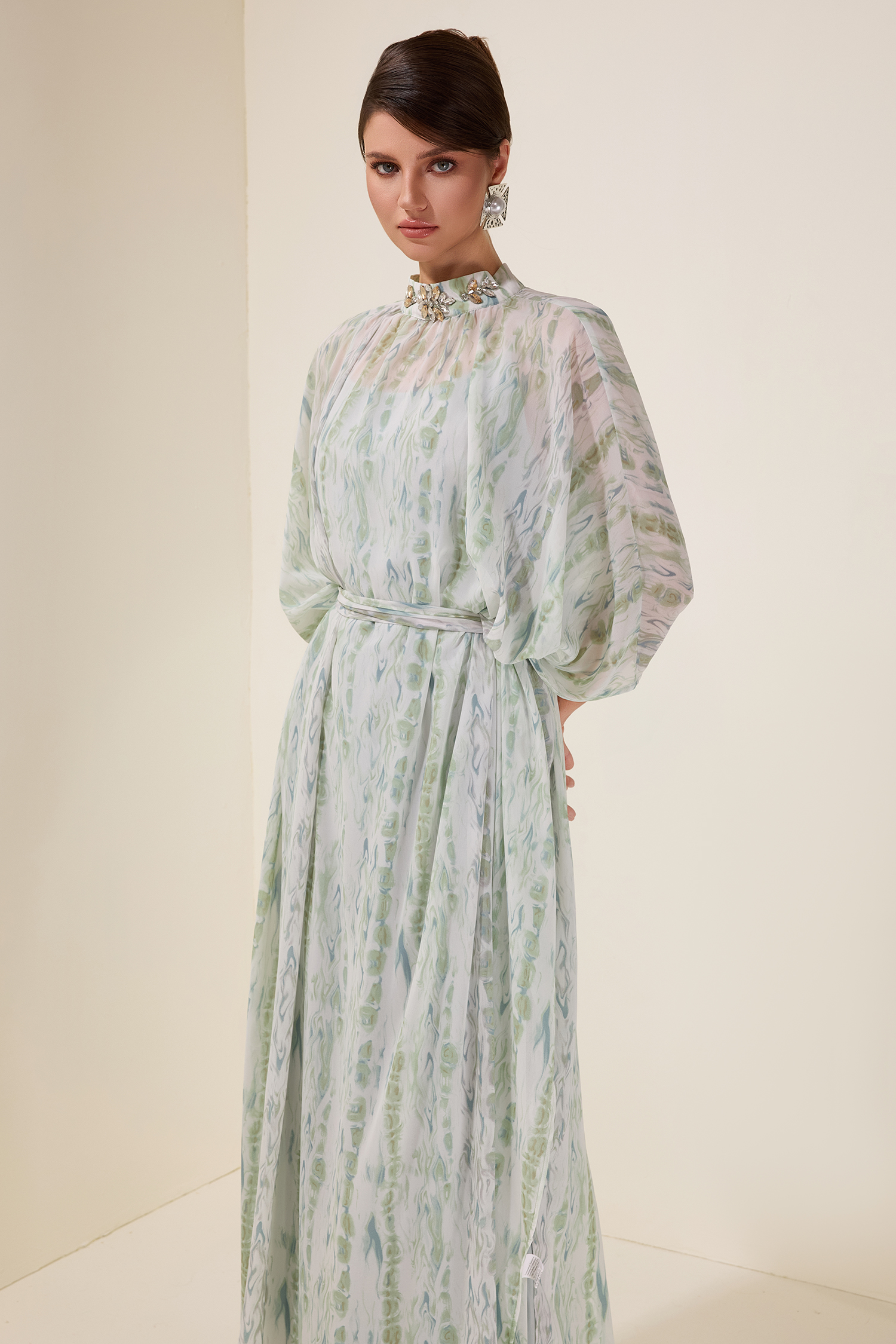 Rhinestone Batwing Sleeve Maxi Dress With Belt