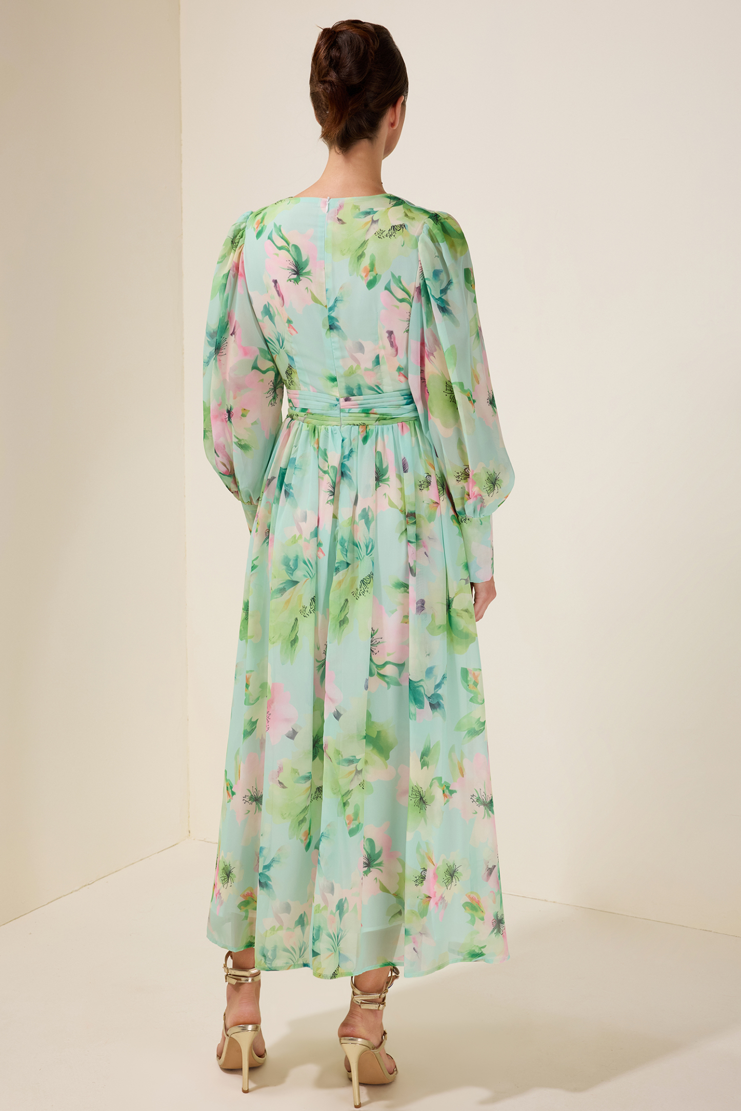 Floral V-Neck Lantern Sleeve Maxi Dress