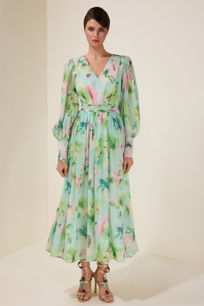 Floral V-Neck Lantern Sleeve Maxi Dress