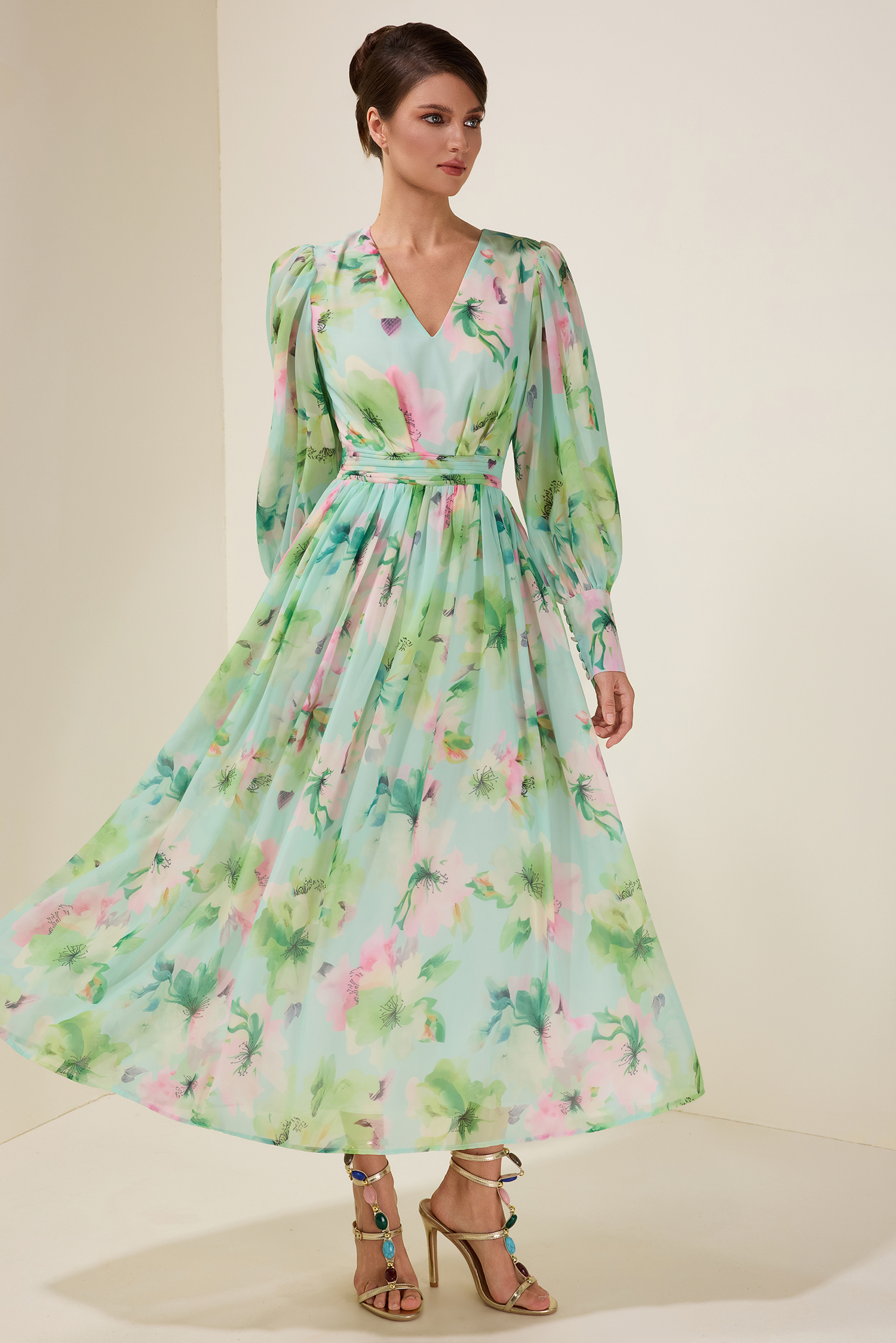 Floral V-Neck Lantern Sleeve Maxi Dress