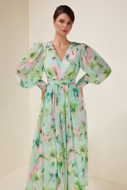 Floral V-Neck Lantern Sleeve Maxi Dress