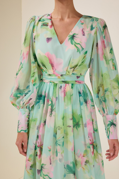 Floral V-Neck Lantern Sleeve Maxi Dress