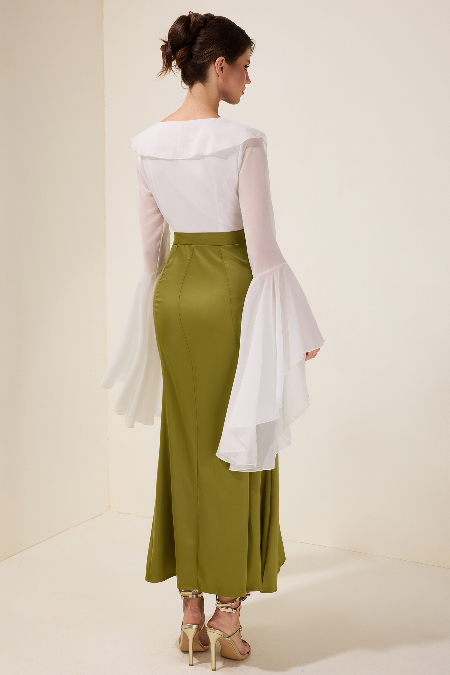 Chiffon Splicing Satin Ruffle Midi Dress