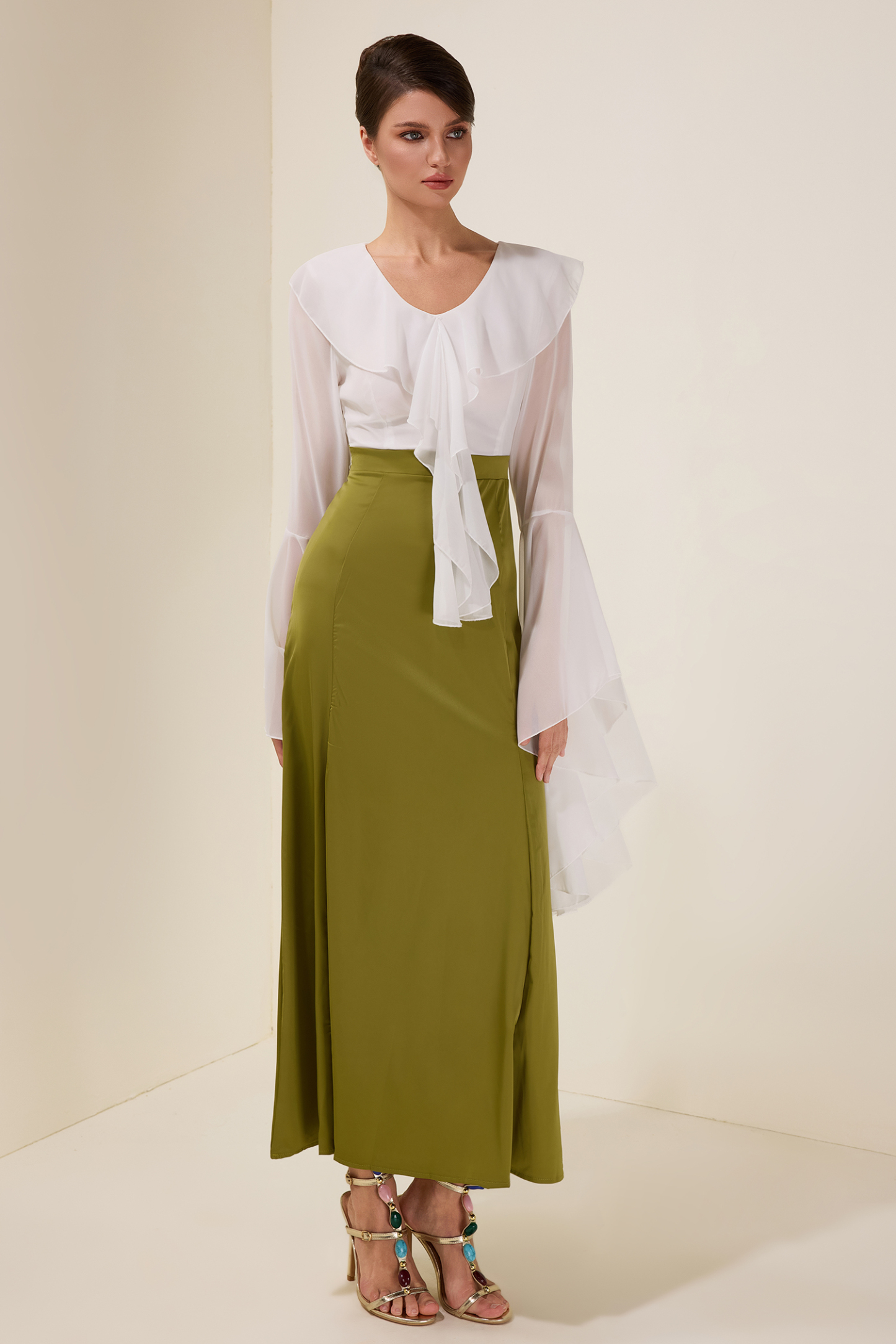 Chiffon Splicing Satin Ruffle Midi Dress