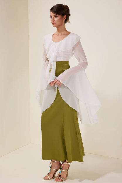 Chiffon Splicing Satin Ruffle Midi Dress