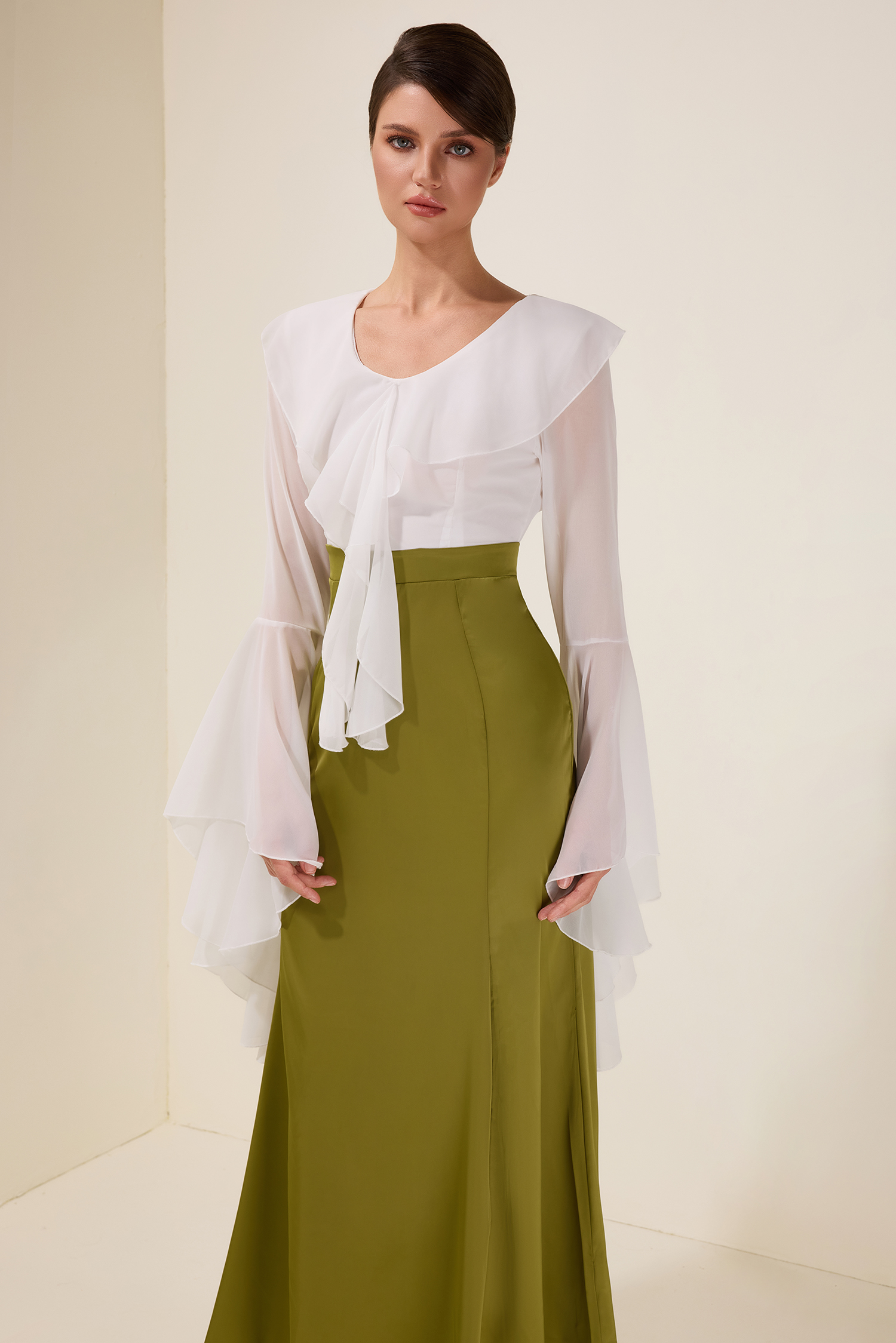 Chiffon Splicing Satin Ruffle Midi Dress